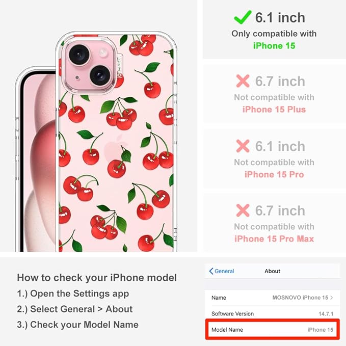 MOSNOVO Case for iPhone 15, [Buffertech 6.6ft Military-Grade Drop Protection] [Anti Peel Off Tech] Clear TPU Bumper Phone Case Cover Design - Cute Cherry