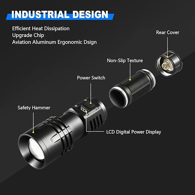 Rechargeable LED Flashlights 10000.00 High Lumens with Ignition Lens,𝟐𝟎𝟐𝟔 𝐍𝐞𝐰 High Powered Waterproof Tactical Flashlight Spotlight Flashlight for Home, Bright Flashlight for Outdoor Camping