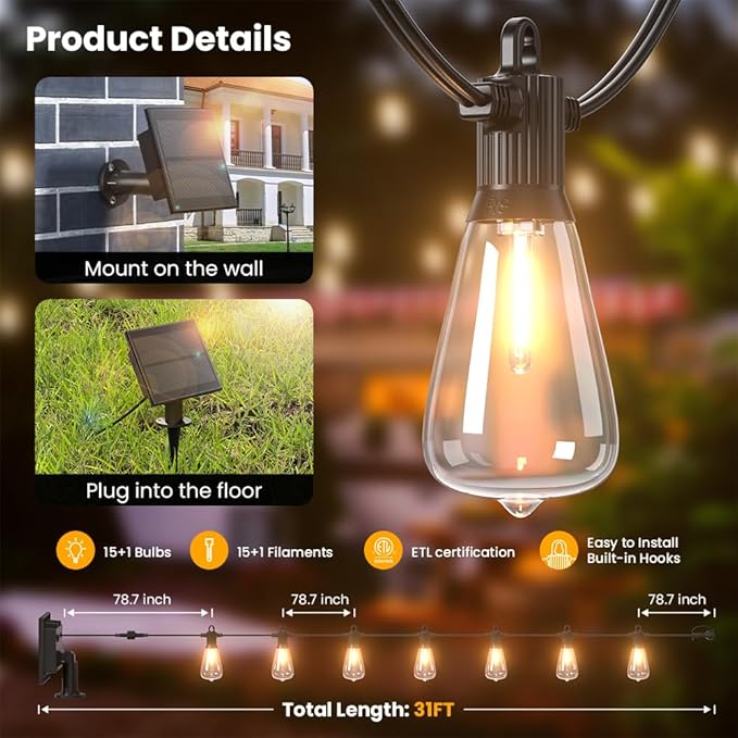 31FT Solar String Lights Outdoor Waterproof IP65 with USB-Charging , Solar Powered LED Patio Lights with 15+1 Shatterproof ST38 Edison Bulbs, Hanging Lights for Outside Backyard Garden Bistro Gazebo