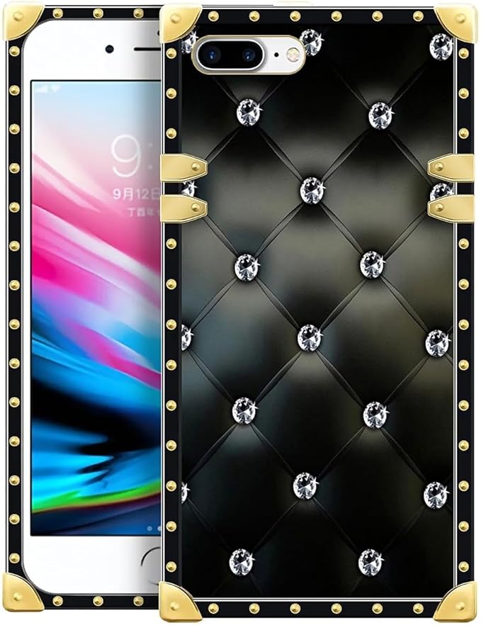 Compatible with iPhone 8 Plus 7 Plus Case, Shiny Black Sofa Crystal Luxury Golden Decoration for Girl Women Soft TPU Shockproof Protective Hard PC Back for iPhone 8 Plus 7 Plus