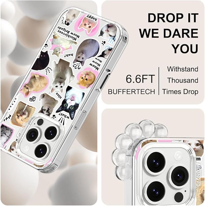 MOSNOVO Case for iPhone 16 Pro, [Buffertech 6.6ft Military-Grade Drop Protection] [Anti Peel Off Tech] Clear TPU Bumper Phone Case Cover Design - The Cat Brigade