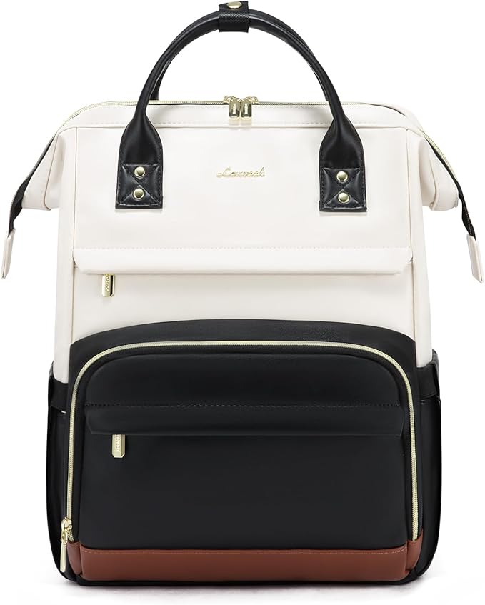 LOVEVOOK Leather Backpack for Women,18 inch Leather Laptop Backpacks Women,Professional Work Backpacks Nurse College Teacher Bag,Womens Laptop Tote Bag Computer Travel Backpack,Beige White-Black-Brown