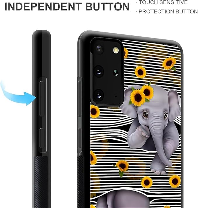 for Samsung Galaxy S20 Plus Case, Cute Little Elephant Sunflower White Line Art Pattern Graphic Design Soft Silicone Hard Acrylic Shock Protection for Samsung Galaxy S20 Plus