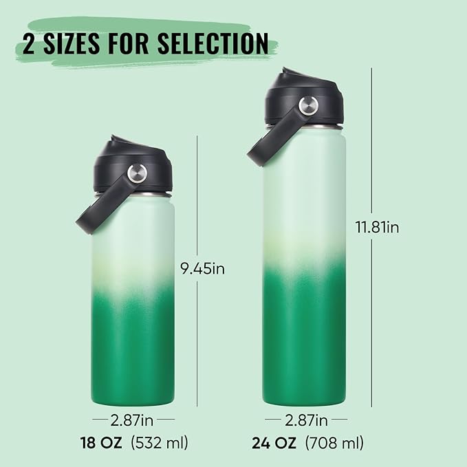 Fijinhom 24oz Insulated Stainless Steel Water Bottle, Wide Mouth Double Wall Vacuum, Silicone Straw, Sweat & Leak Proof, BPA Free Insulated Water Flask for Travel, Green Gradient