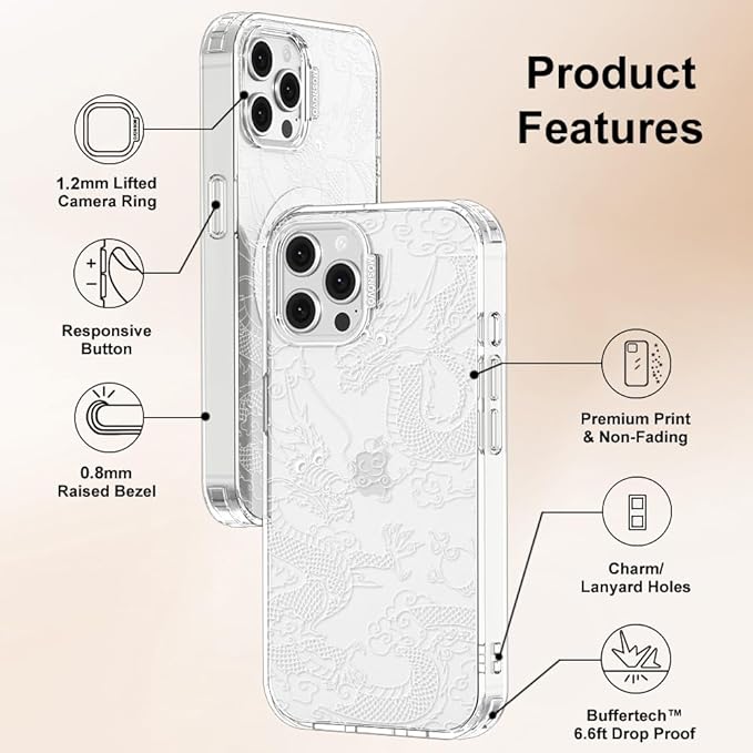MOSNOVO Case for iPhone 12 & iPhone 12 Pro, [Buffertech 6.6ft Military-Grade Drop Protection] [Anti Peel Off Tech] Clear TPU Bumper Phone Case Cover Design - White Dragon