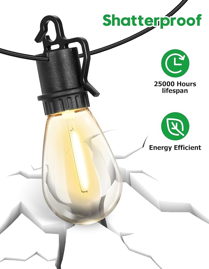 200FT Outdoor String Lights with 104 Shatterproof S14 Vintage Edison Bulbs E12 Sockets,2700K Dimmable Outdoor Lights,IP55 Waterproof LED String Lights for Outside, Patio, Garden, Backyard,Bistro