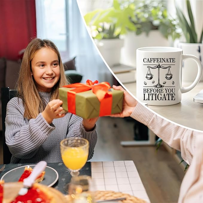 RZHV Caffeinate Before You Litigate 11 Oz Novelty Mug, Funny Coffee Bean Balance Mug for Coffee Lover Paralegal Attorney, Graduate Gifts for Attorney, Thank You Present for Lawyer Judge