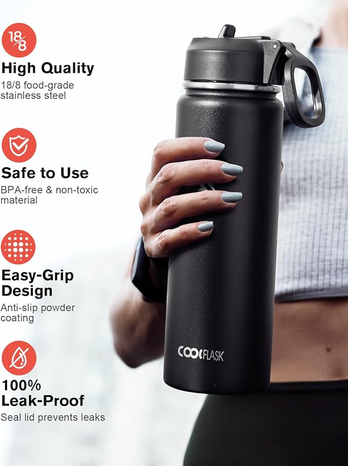 Coolflask Water Bottle 24 oz Insulated with Straw, Stainless Steel Metal 3 Lids Water Flask Wide Mouth for Sports or Office, Non-BPA Keep Cold Up to 48 Hrs or Hot Up to 24 Hrs, Magic Black