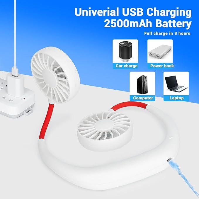 Portable Neck Fan Rechargeable Personal Hand-Free Fan Mini USB Wearable Neckband Sport Fan, 3 Speed Adjustable, 360 Degrees Free Rotation Perfect for Working, Traveling, Office, Reading (White)