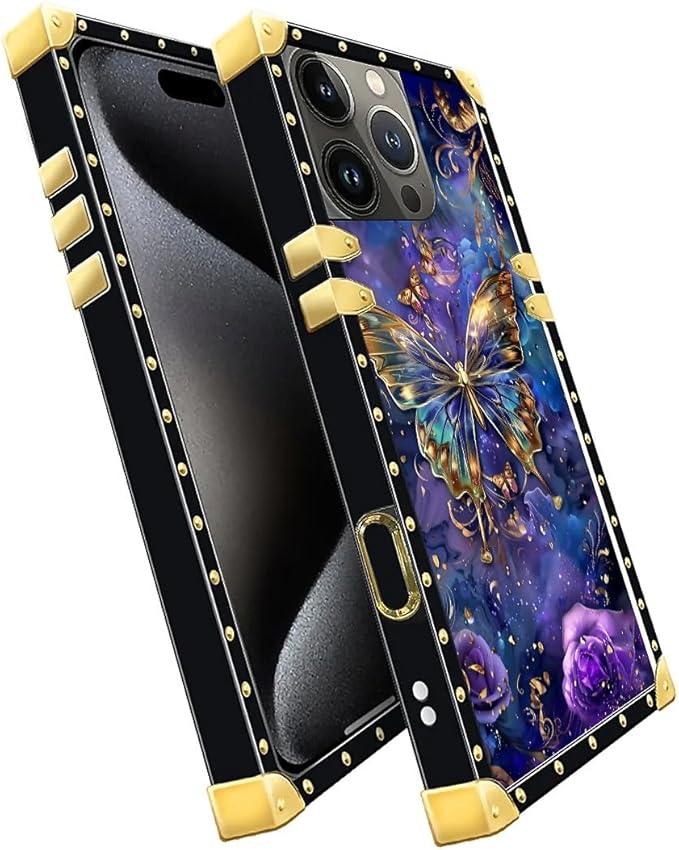 Compatible with iPhone 16 Pro Max Case, Glistening Golden Butterfly Vibrant Purple Blue Luxury Golden Decoration for Girl Women Soft TPU Shockproof Protective PC Back