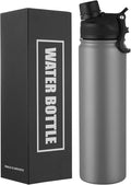 Insulated Water Bottle 24oz, Stainless Steel Double Wall Vacuum Sports Flask with 2-in-1 Straw & Chug Lid, BPA-Free, Leak Proof, Keeps Cold 24H for Travel Gym School