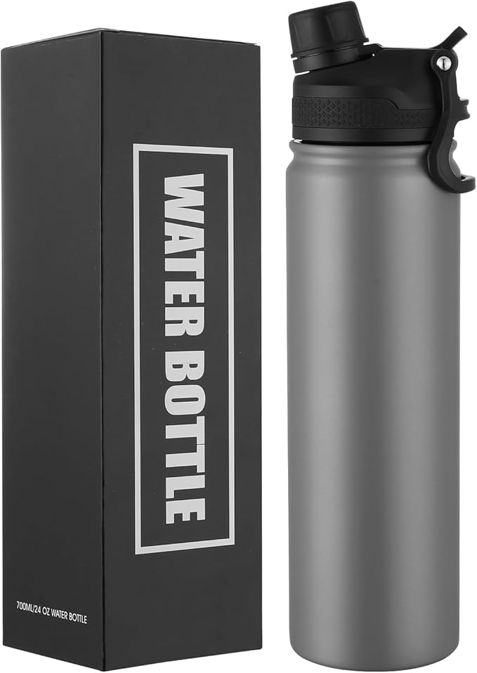 Insulated Water Bottle 24oz, Stainless Steel Double Wall Vacuum Sports Flask with 2-in-1 Straw & Chug Lid, BPA-Free, Leak Proof, Keeps Cold 24H for Travel Gym School