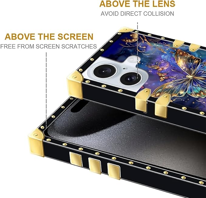 Compatible with iPhone 16 Case, Glistening Golden Butterfly Vibrant Purple Blue Luxury Golden Decoration for Girl Women Soft TPU Shockproof Protective Hard PC Back