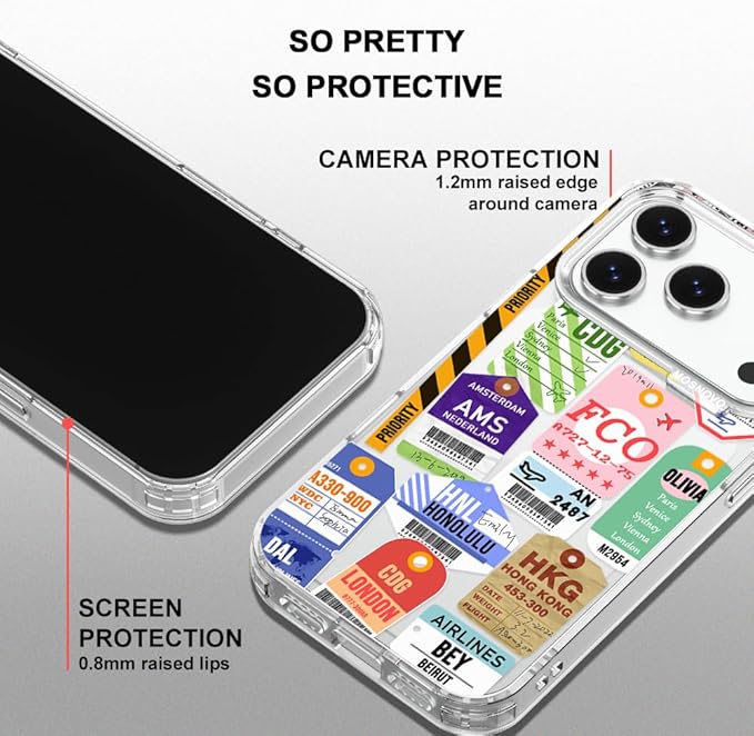 MOSNOVO for iPhone 17 Pro Case | Military Grade 6.6ft Drop Tested | Camera Control | Clear with Air Ticket Labels Design