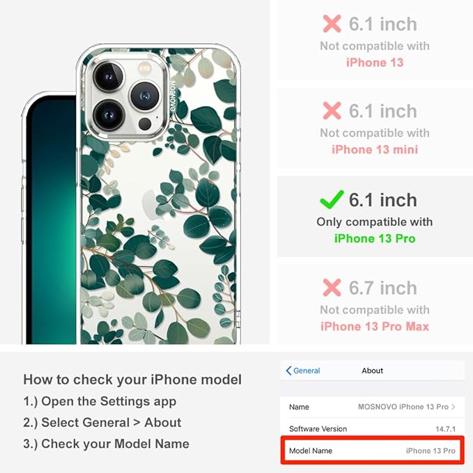 MOSNOVO Case for iPhone 13 Pro, [Buffertech 6.6ft Military-Grade Drop Protection] [Anti Peel Off Tech] Clear TPU Bumper Phone Case Cover Design - Eucalyptus