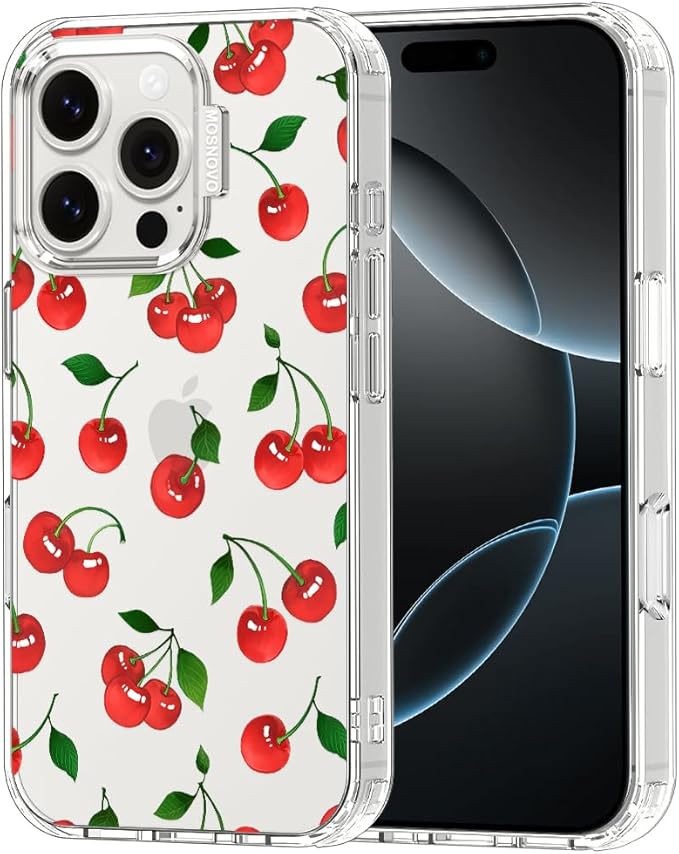 MOSNOVO Case for iPhone 16 Pro, [Buffertech 6.6ft Military-Grade Drop Protection] [Anti Peel Off Tech] Clear TPU Bumper Phone Case Cover Design - Cute Cherry