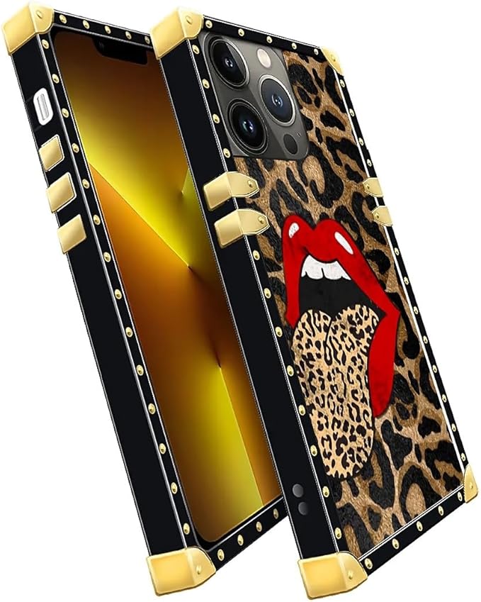 Compatible with iPhone 13 Pro Case, Brown Leopard Print Mouth Luxury Golden Decoration for Girl Women Soft TPU Shockproof Protective Hard PC Back for iPhone 13 Pro