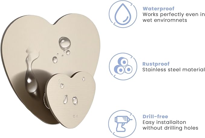 Heart Hooks Multipurpose Hooks 4 Coat Hooks with Adhesive Backing Damage-Free Hanging and No Tools for Jewelry, Necklaces, Hats, Bags, Dog Leashes, Scarves (Silver)