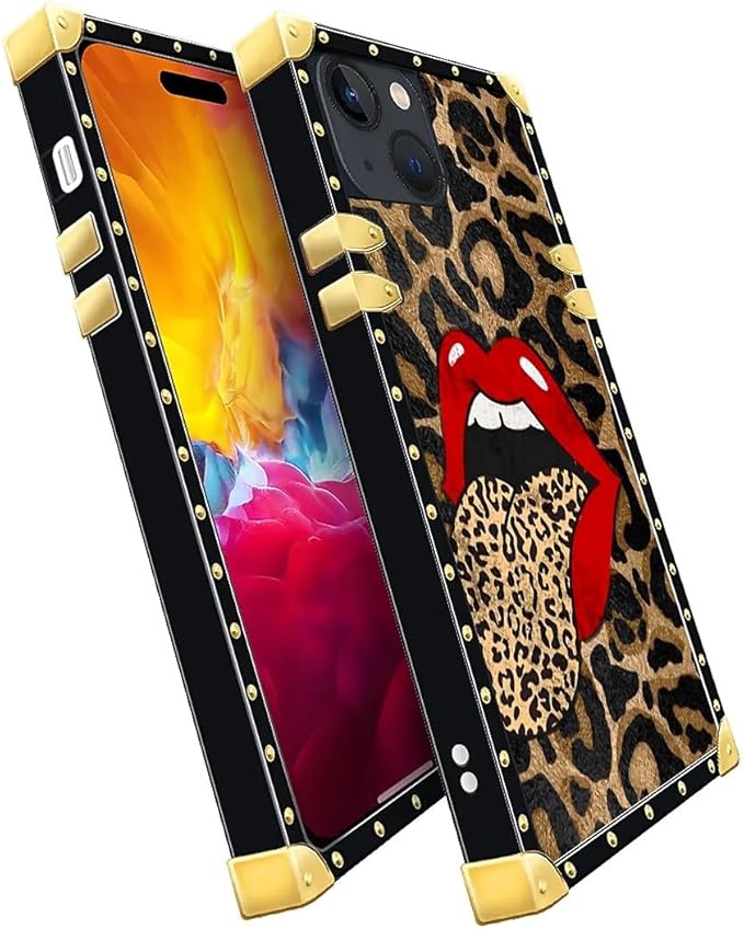 Compatible with iPhone 15 Case, Brown Leopard Print Mouth Luxury Golden Decoration for Girl Women Soft TPU Shockproof Protective Hard PC Back for iPhone 15
