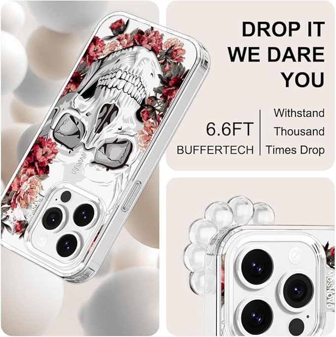 MOSNOVO Case for iPhone 14 Pro, [Buffertech 6.6ft Military-Grade Drop Protection] [Anti Peel Off Tech] Clear TPU Bumper Phone Case Cover Design - Red Flower Skull
