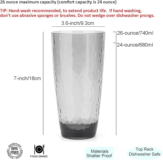 KOXIN-KARLU Hammered 26-ounce Plastic Tumbler Acrylic Glasses, set of 6 Smoke Grey