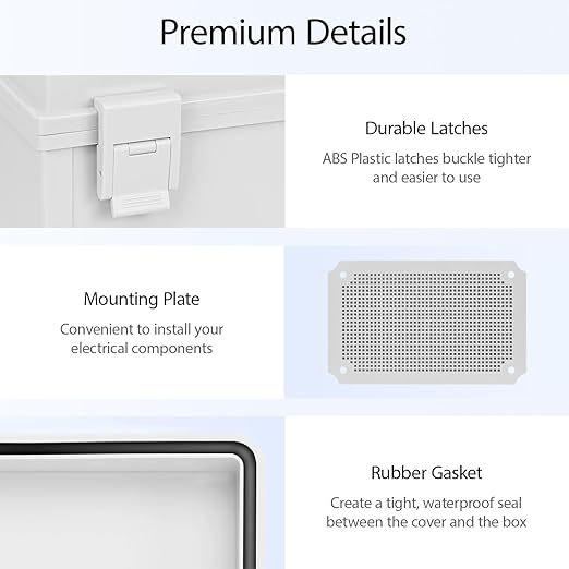 Junction Box IP65 Waterproof Dustproof ABS Plastic Enclosure Outdoor and Indoor Project Box Hinged Cover with Mounting Plate Wall Brackets Outer Dimension 11.8"x 7.9" x 7.1", Grey