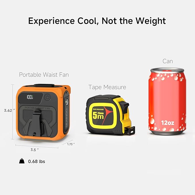 SEAINGO Portable Waist Fan Rechargeable – 10000mAh, 42 ft/s Max, 5 Speeds 16000RPM, Personal Cooling Wearable Clip Body Belt Shirt Fans, Hanging Neck Fan with Light for Camping Travel Outdoor Indoor