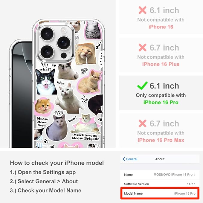 MOSNOVO Case for iPhone 16 Pro, [Buffertech 6.6ft Military-Grade Drop Protection] [Anti Peel Off Tech] Clear TPU Bumper Phone Case Cover Design - The Cat Brigade
