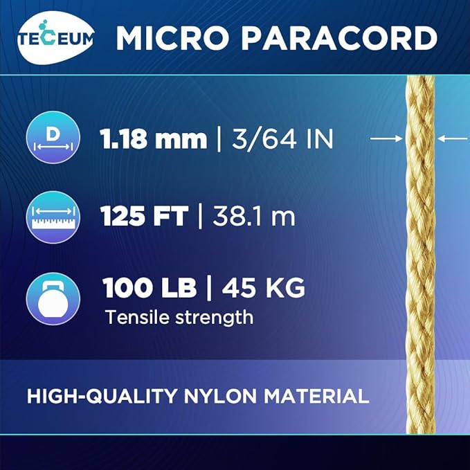 TECEUM Micro Paracord – 1.18 mm X 125 ft – Micro Utility Cord – Thin Braided Paracord Rope – Best for Crafting, DIY Projects, Fishing, Camping – Wind Chime Replacement – Survival Strong String