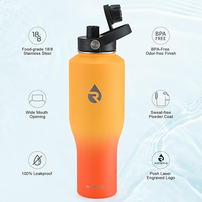 RAYMYLO 40 oz Insulated Water Bottle with Straw fit in Car Cup Holder, Triple Wall Vacuum Stainless Steel(Cold 48 hrs, Hot 24 hrs), Leakproof & Non-BPA, Hydro Travel Flask with Straw and Spout Lid