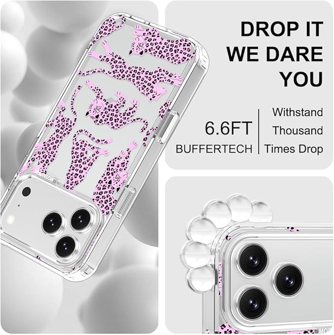 MOSNOVO for iPhone 17 Pro Max Case | Military Grade 6.6ft Drop Tested | Camera Control | Clear with Pink Leopard Design