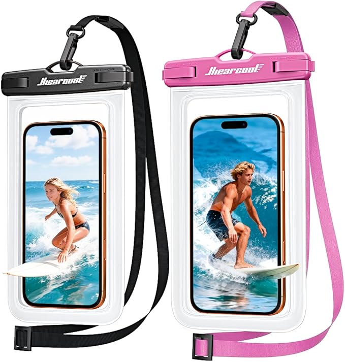 Hiearcool Waterproof Phone Pouch 2 Pack, IPX8 Dry Bag with Lanyard, Touch Screen Compatible for iPhone 17/16/15/14/13 Pro Max, Beach Swimming Cruise Travel-Clear & Pink Purple