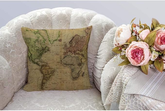 HGOD DESIGNS Cotton Linen Decorative Throw Pillow Case Cushion Cover Vintage Map of The World 18" X 18"