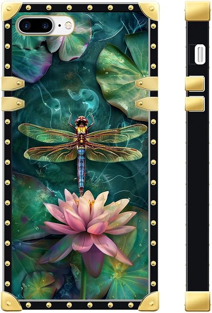 Compatible with iPhone 8 7 SE Case, Colourful Dragonfly Pink Lily Pads Luxury Golden Decoration for Girl Women Soft TPU Shockproof Protective Hard PC Back for iPhone 8 7 SE