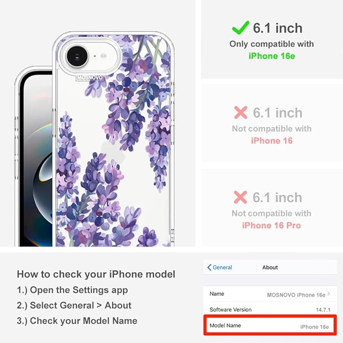 MOSNOVO for iPhone 17e Case/iPhone 16e Case, Shockproof Military-Grade Protection 6.6ft Drop Tested, Clear Phone Case for iPhone 16e / iPhone 17e, Lavender Design