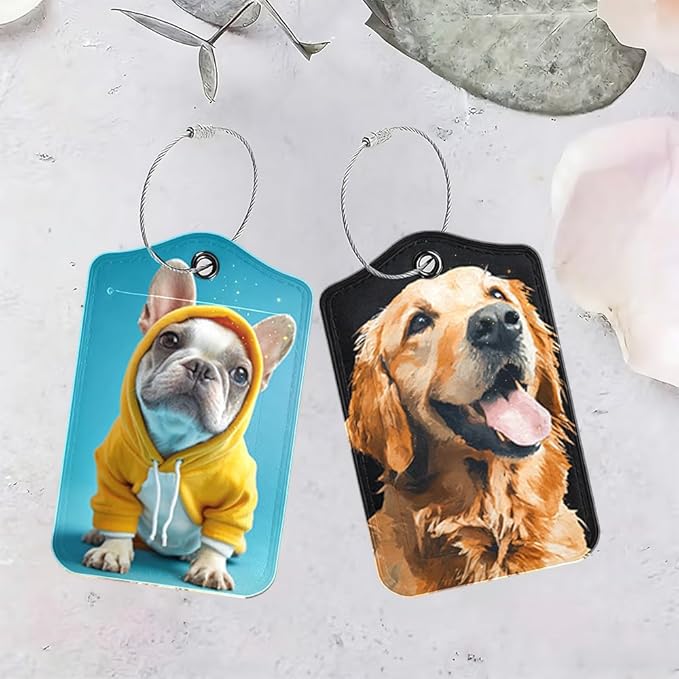 2 Pack Cute Dog Luggage Tags for Suitcases, Golden Retriever & Frenchie ID Tags with Privacy Cover, PU Leather Bag Identifiers, Spring & Summer Travel Essentials, Mother's Day