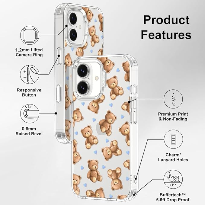 MOSNOVO for iPhone 17 Case, Shockproof Military-Grade Protection 6.6ft Drop Tested, Camera Control, Clear Phone Case for iPhone 17, Teddy Mood Design