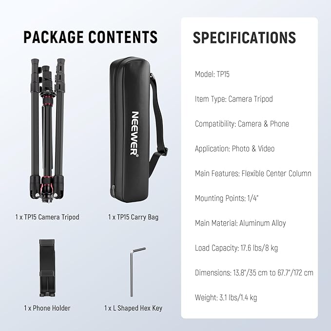 NEEWER Basics TP15 Camera Tripod Monopod, 68" Metal Heavy Duty Portable Travel DSLR Cell Phone Stand with Cellphone Holder Mount Compatible with iPhone Filming Video Recording, Ball Head Not Included