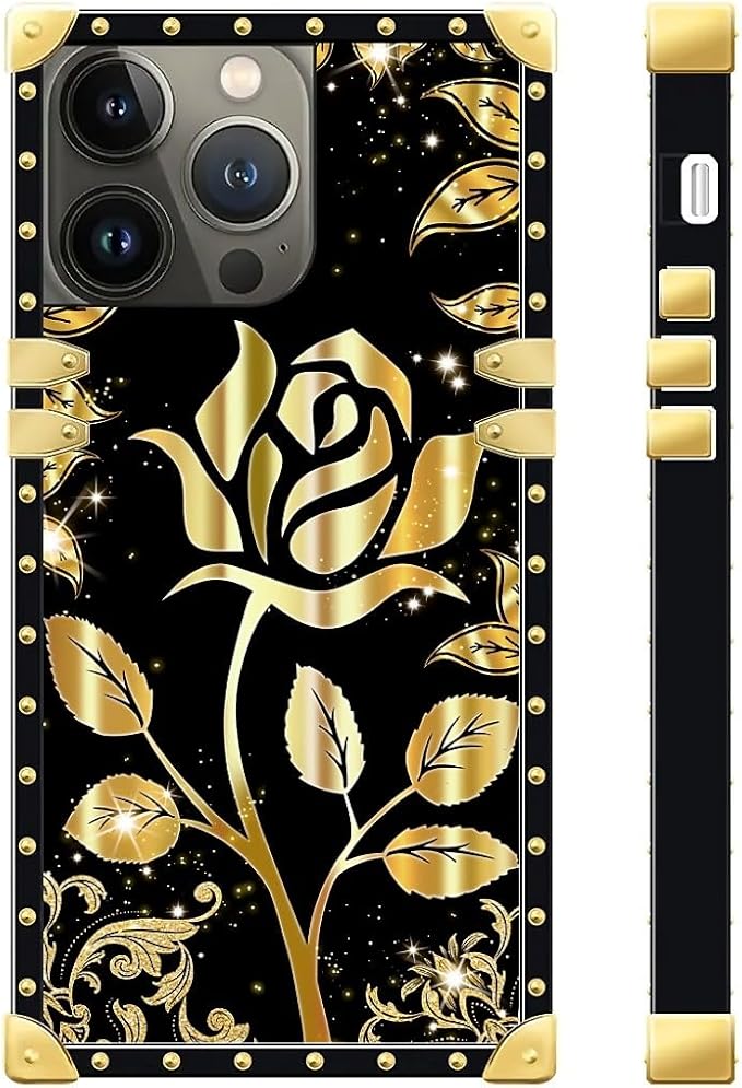 Compatible with iPhone 13 Pro Max Case, Shine Gold Rose Luxury Golden Decoration for Girl Women Soft TPU Shockproof Protective Hard PC Back for iPhone 13 Pro Max