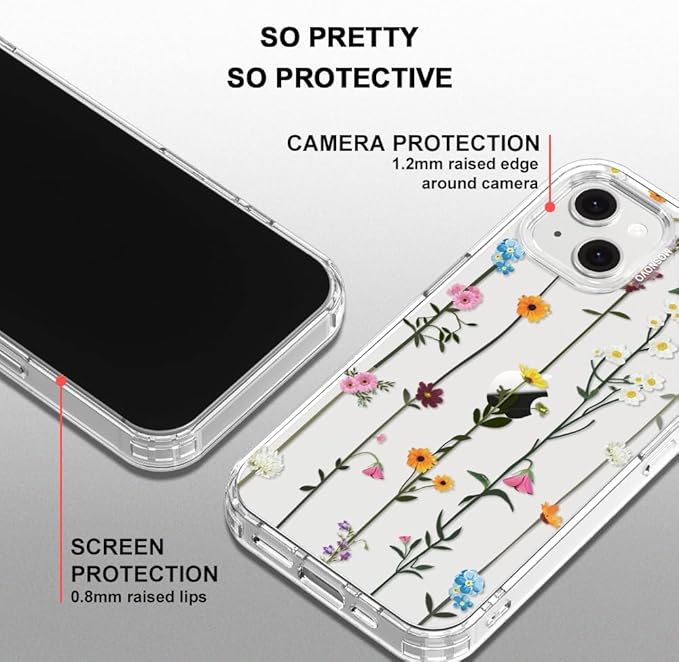 MOSNOVO for iPhone 13/14 Case | Military Grade 6.6ft Drop Tested | Clear with Wildflowers Design