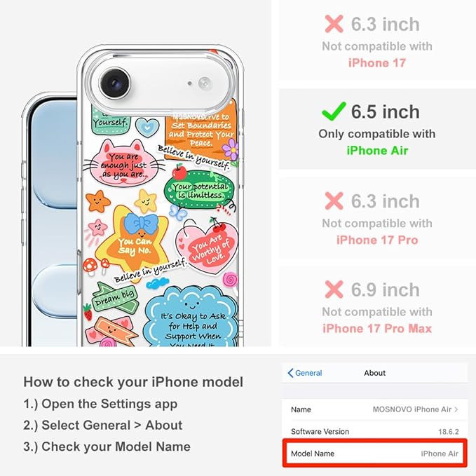 MOSNOVO for iPhone Air Case, Shockproof Military-Grade Protection 6.6ft Drop Tested, Camera Control, Clear Phone Case for iPhone 17 Air, Self Love Club Design
