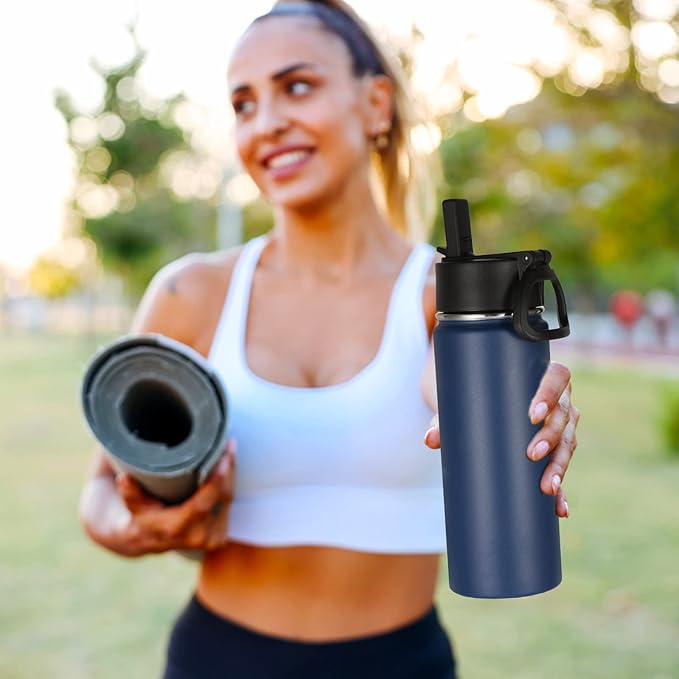 Volhoply 18oz Kids Insulated Water Bottle,Stainless Steel Water Bottles with Straw Lid,Double Wall Vacuum Reusable Metal Water Bottle,Wide Mouth Sports Travel Flask For Cold Drink(Navy,1 Set)