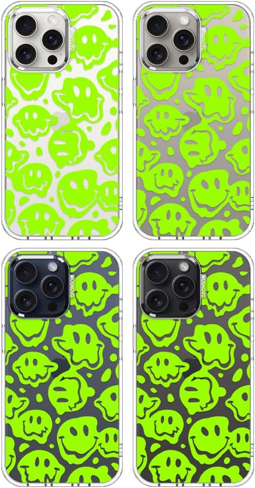 MOSNOVO Case for iPhone 15 Pro Max, [Buffertech 6.6ft Military-Grade Drop Protection] [Anti Peel Off Tech] Clear TPU Bumper Phone Case Cover Design - Distorted Green Smiles Face