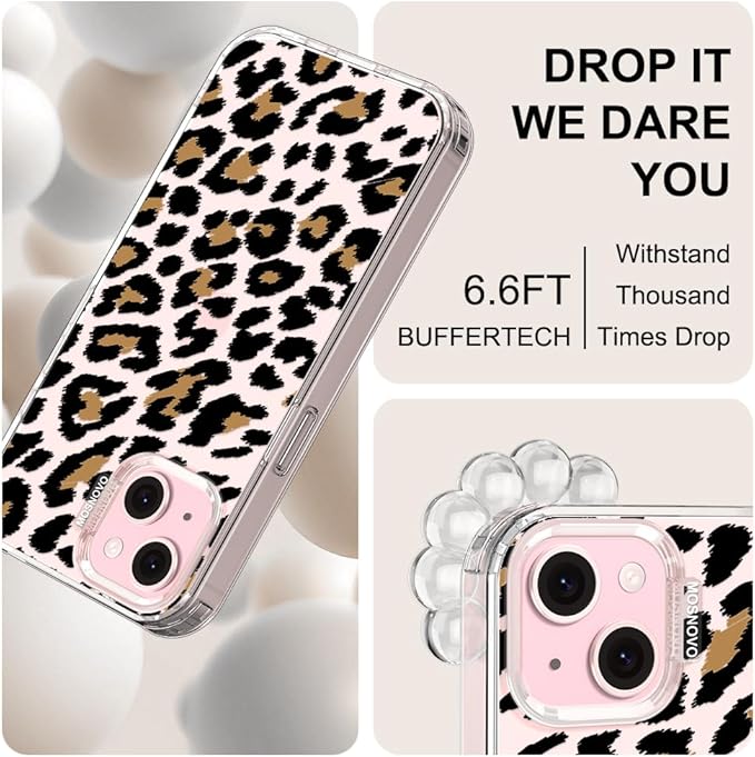 MOSNOVO Case for iPhone 15, [Buffertech 6.6ft Military-Grade Drop Protection] [Anti Peel Off Tech] Clear TPU Bumper Phone Case Cover Design - Leopard Print