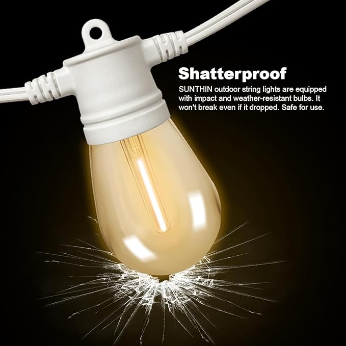 SUNTHIN Outdoor String Lights White, 3 * 50FT(150FT Total) White Patio Lights with 3 * 15 LED Shatterproof Bulbs for Outside, Backyard, Deck, Porch, Garden, Bistro, Cafe, Party