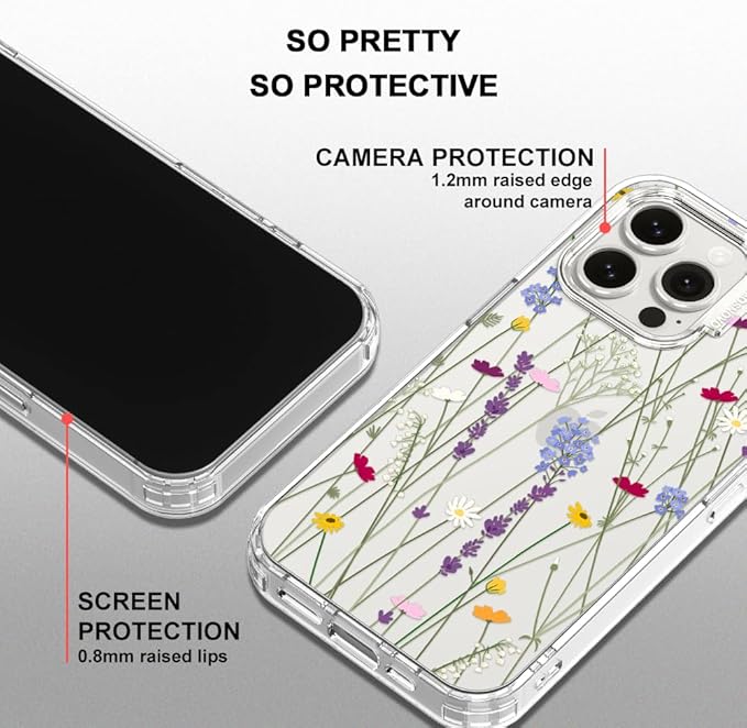 MOSNOVO Case for iPhone 15 Pro Max, [Buffertech 6.6ft Military-Grade Drop Protection] [Anti Peel Off Tech] Clear TPU Bumper Phone Case Cover Design - Floral Garden