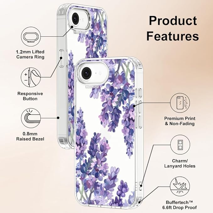 MOSNOVO for iPhone 17e Case/iPhone 16e Case, Shockproof Military-Grade Protection 6.6ft Drop Tested, Clear Phone Case for iPhone 16e / iPhone 17e, Lavender Design