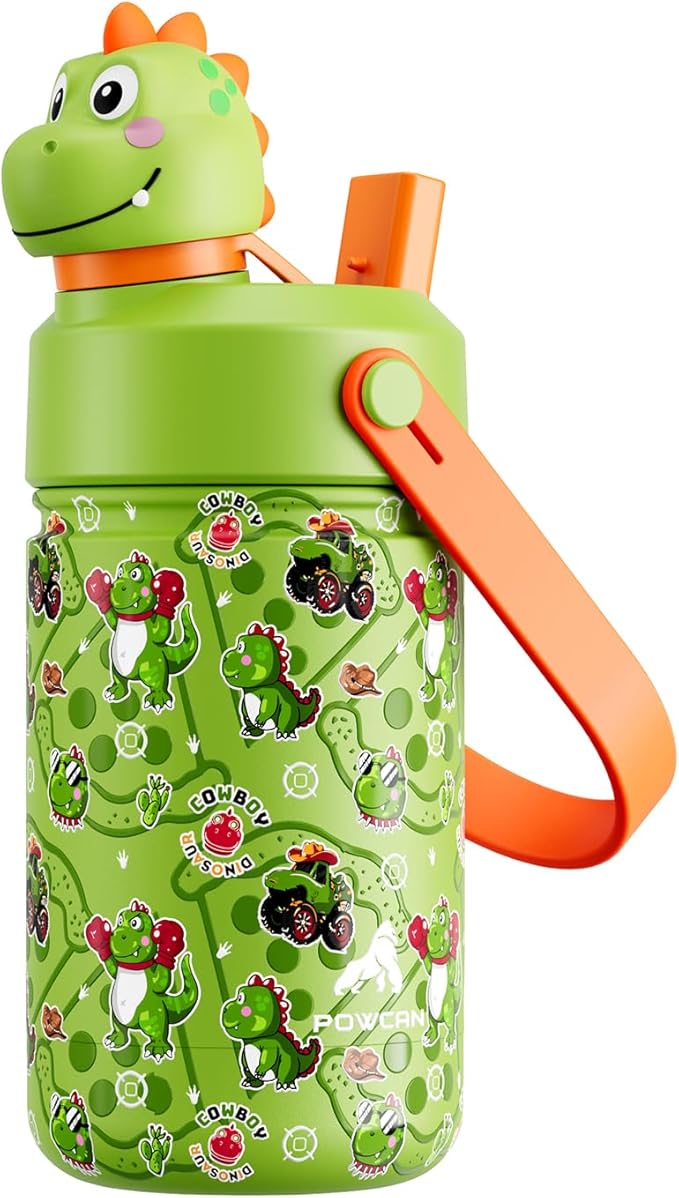 POWCAN 12 oz Kids Stainless Steel Water Bottle: 2-in-1 Straw Spout Lid with Soft Animal Head, Leakproof, Car Cupholder Friendly, Keep Cold 24H, Insulated Bottle for School, Sports, Camp (Cowboy Rex)
