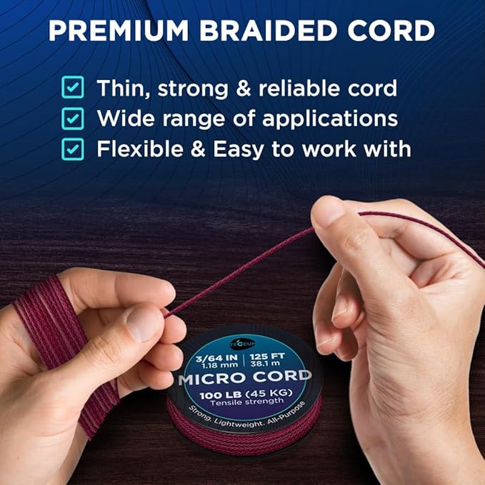 TECEUM Micro Paracord – 1.18 mm X 125 ft – Micro Utility Cord – Thin Braided Paracord Rope – Best for Crafting, DIY Projects, Fishing, Camping – Wind Chime Replacement – Survival Strong String