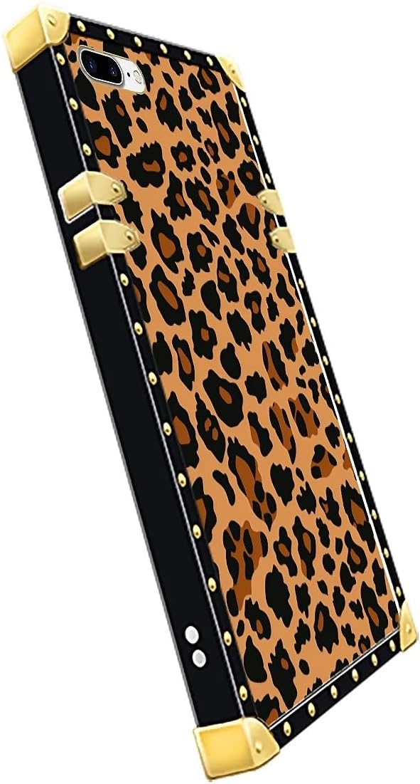Compatible with iPhone 8 Plus 7 Plus Case, Brown Leopard Texture Luxury Golden Decoration for Girl Women Soft TPU Shockproof Protective Hard PC Back for iPhone 8 Plus 7 Plus